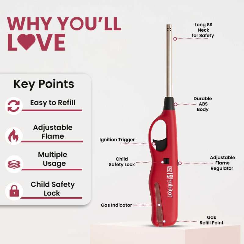 Habitat Refillable Gas Lighter – Red Kitchen Lighter for Gas Stove, Candle, Outdoor Cooking, and Camping