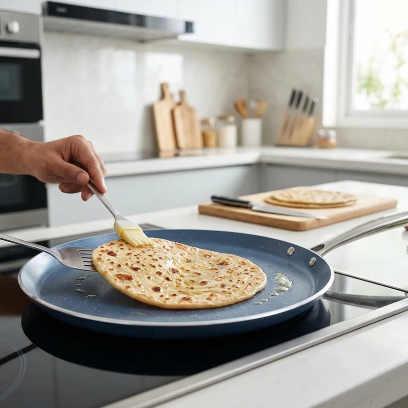 Habitat Ceramic Tawa with Casted Stainless Steel Handle – 28cm Non-Stick Flat Pan for Cooking Rotis, Pancakes, and Crepes
