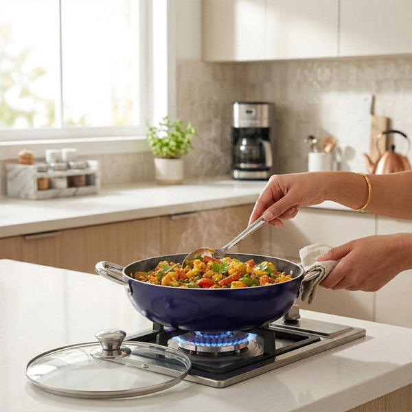Habitat Ceramic Kadai with Stainless Steel Handle & Glass Lid