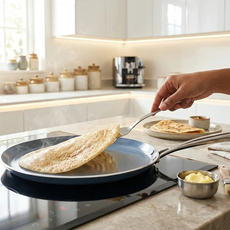Habitat Ceramic Tawa with Casted Stainless Steel Handle – 28cm Non-Stick Flat Pan for Cooking Rotis, Pancakes, and Crepes