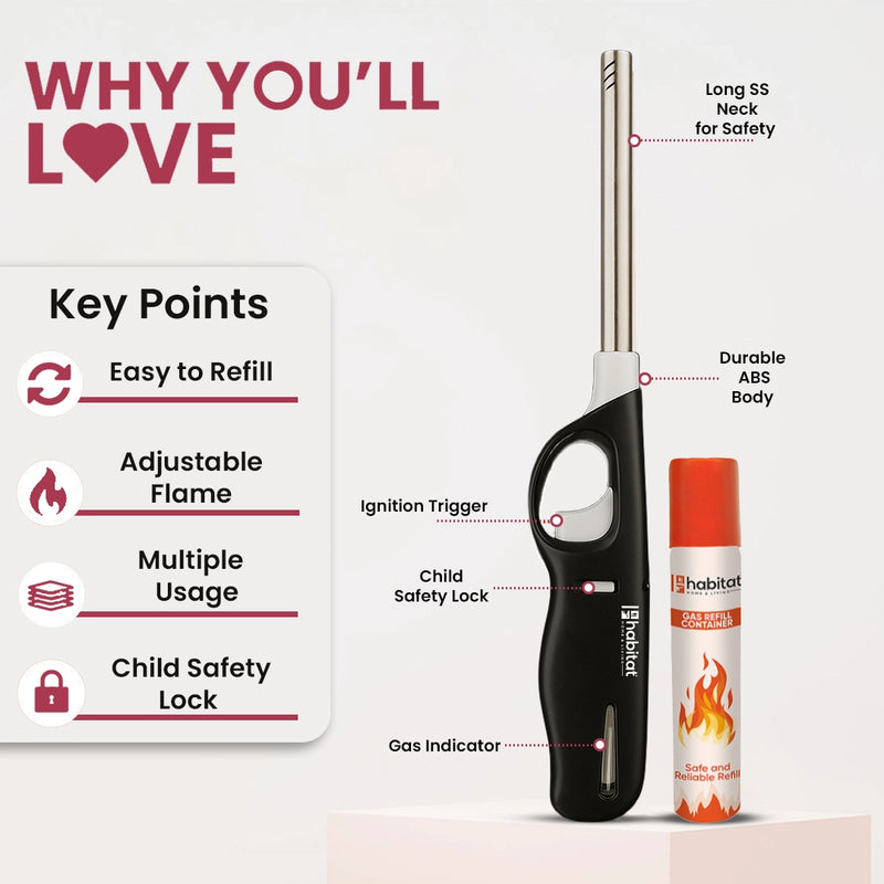 Habitat Gas Lighter with Refill Can – Kitchen and Outdoor Lighter for Gas Stove, Candle, BBQ, and Camping
