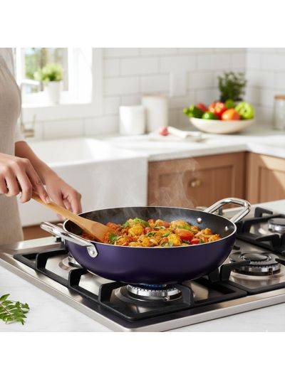 Habitat Ceramic Kadai with Stainless Steel Handle & Glass Lid – 28cm Non-Stick Kadai for Stovetop Cooking
