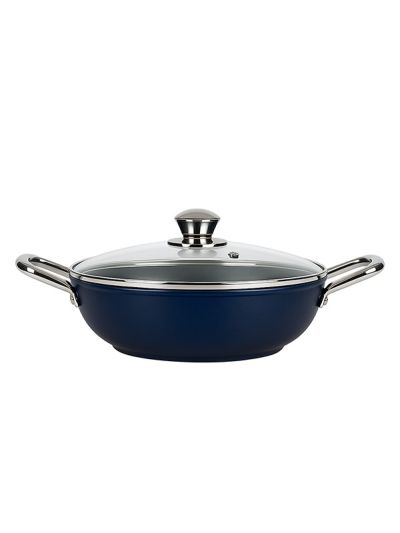 Habitat Ceramic Kadai with Stainless Steel Handle & Glass Lid – 28cm Non-Stick Kadai for Stovetop Cooking